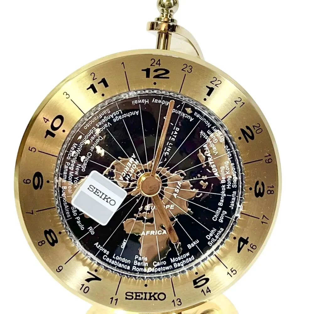 Seiko World Time Globe Desk Table Clock Gold-Tone QHG106GLH New